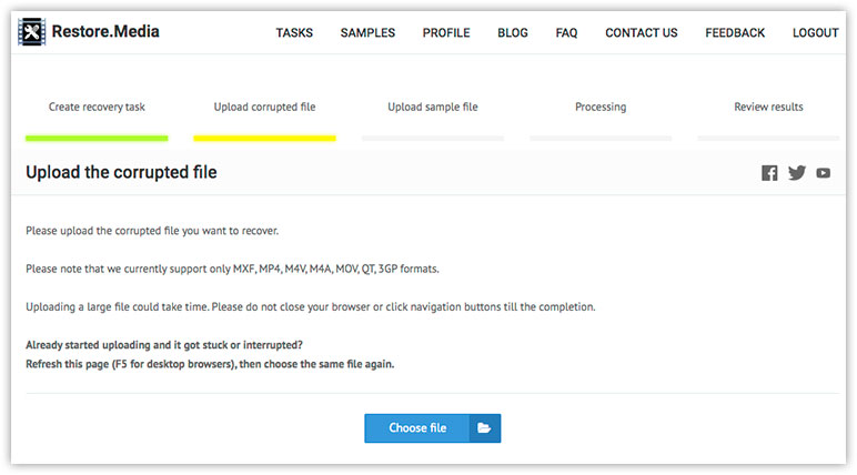 Restore.Media – Upload Corrupted Video File